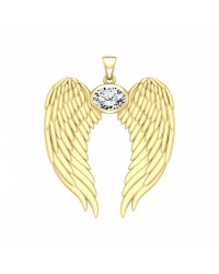 Guardian Angel Wings Gold Pendant with Oval White Cubic Zirconia Birthstone 