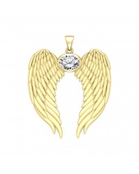 Guardian Angel Wings Gold Pendant with Oval White Cubic Zirconia Birthstone 