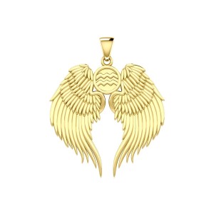 Guardian Angel Wings 18K Gold Pendant with Aquarius Zodiac Sign 