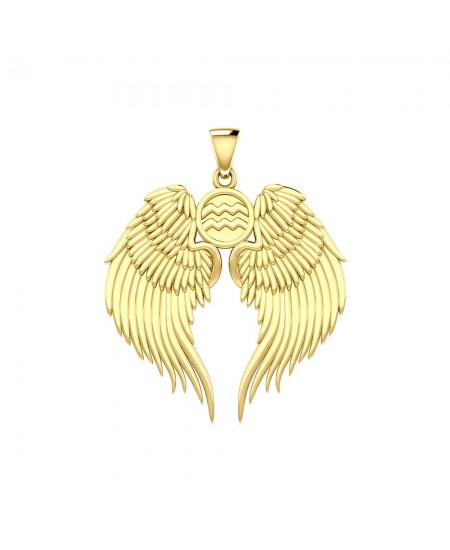Guardian Angel Wings 14K Gold Pendant with Aquarius Zodiac Sign 