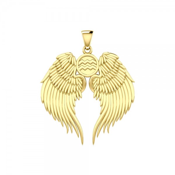 Guardian Angel Wings 14K Gold Pendant with Aquarius Zodiac Sign 