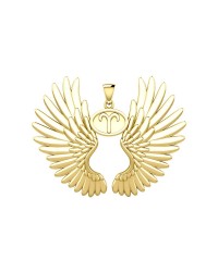Guardian Angel Wings 14K Gold Pendant with Aries Zodiac Sign 