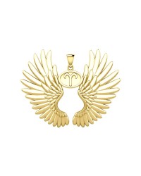 Guardian Angel Wings 14K Gold Pendant with Aries Zodiac Sign 