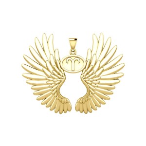 Guardian Angel Wings 18K Gold Pendant with Aries Zodiac Sign 