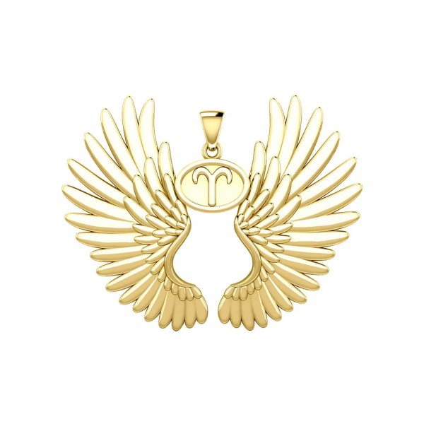 Guardian Angel Wings 18K Gold Pendant with Aries Zodiac Sign 