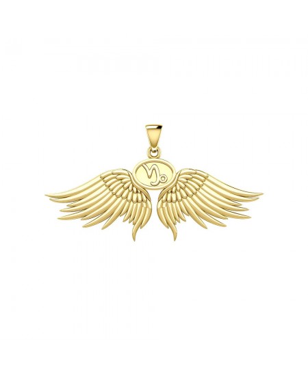Guardian Angel Wings 18K Gold Pendant with Capricorn Zodiac Sign 