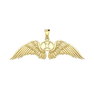 Guardian Angel Wings 18K Gold Pendant with Gemini Zodiac Sign 