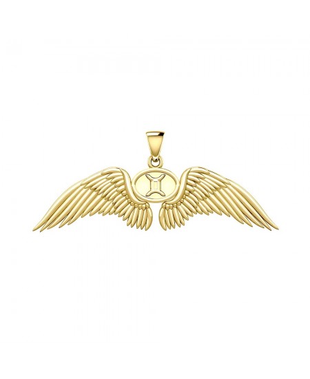 Guardian Angel Wings 14K Gold Pendant with Gemini Zodiac Sign 