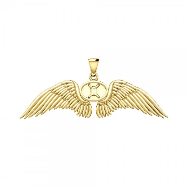 Guardian Angel Wings 14K Gold Pendant with Gemini Zodiac Sign 