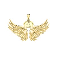 Guardian Angel Wings 18K Gold Pendant with Leo Zodiac Sign 