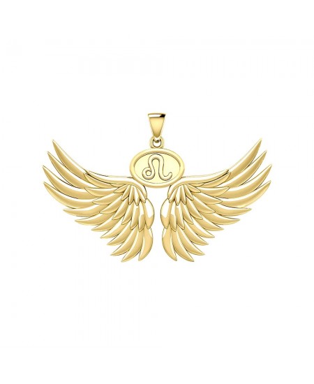 Guardian Angel Wings 14K Gold Pendant with Leo Zodiac Sign 