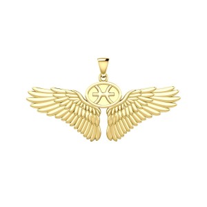 Guardian Angel Wings 14K Gold Pendant with Pisces Zodiac Sign 