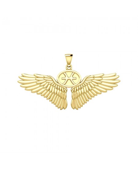 Guardian Angel Wings 14K Gold Pendant with Pisces Zodiac Sign 