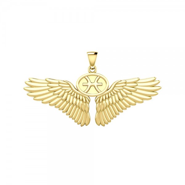 Guardian Angel Wings 14K Gold Pendant with Pisces Zodiac Sign 