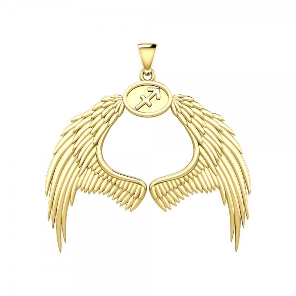 Guardian Angel Wings 18K Gold Pendant with Sagittarius Zodiac Sign 