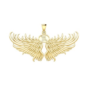 Guardian Angel Wings 14K Gold Pendant with Scorpio Zodiac Sign 