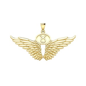 Guardian Angel Wings 18K Gold Pendant with Taurus Zodiac Sign 