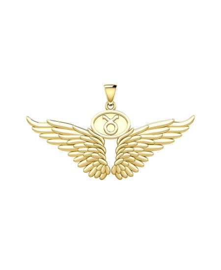 Guardian Angel Wings 18K Gold Pendant with Taurus Zodiac Sign 