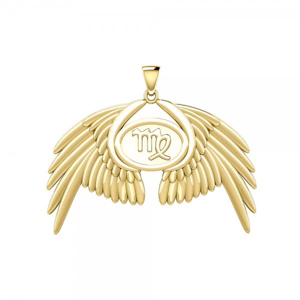Guardian Angel Wings 14K Gold Pendant with Virgo Zodiac Sign 