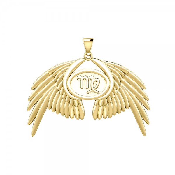 Guardian Angel Wings 18K Gold Pendant with Virgo Zodiac Sign 