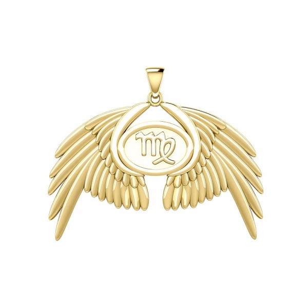 Guardian Angel Wings 18K Gold Pendant with Virgo Zodiac Sign 