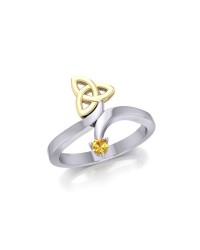 Celtic Trinity Knot with Citrine Gem Silver and Gold Ring 