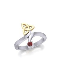 Celtic Trinity Knot with Garnet Gem Silver and Gold Ring 