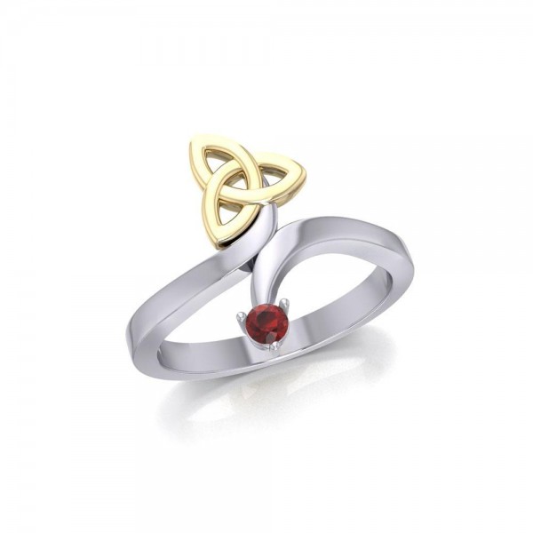 Celtic Trinity Knot with Garnet Gem Silver and Gold Ring 