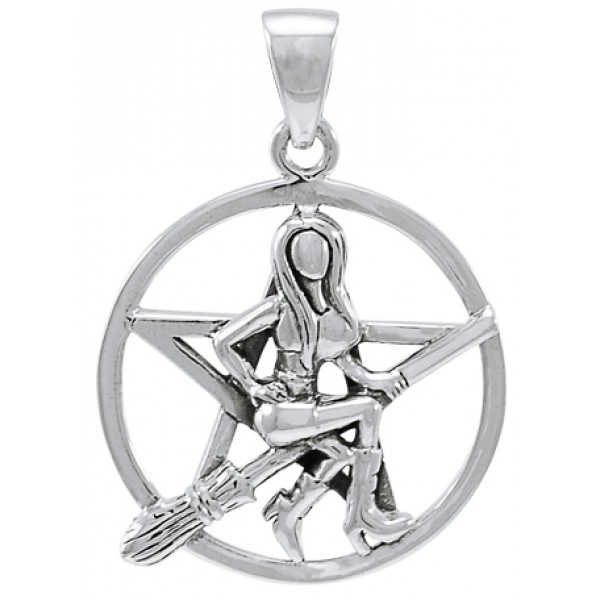 Witch Riding Broom Pentacle Sterling Silver Pendant
