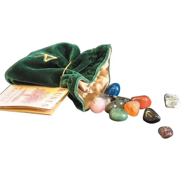 Gemstone Rune Stone Set with Embroidered Bag